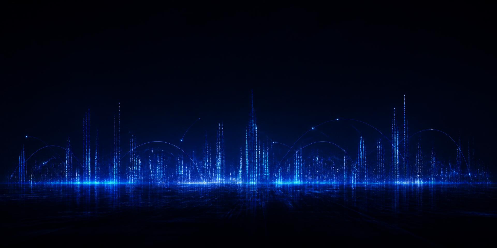Abstract skyline of luminous data towers connected by arcs of light